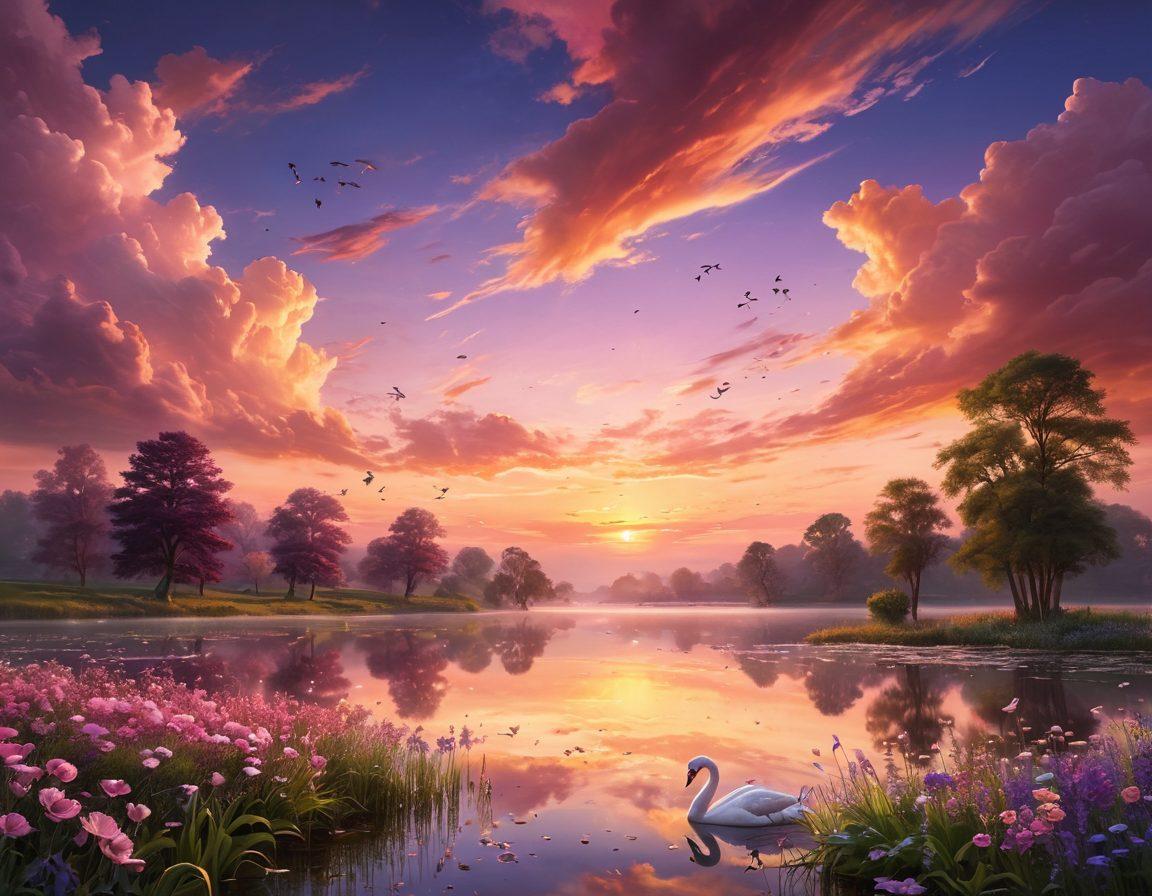 A serene landscape where nature meets elegance: a vibrant sunset casting golden light over a field of delicate flowers, with elegant swans gliding on a tranquil lake in the foreground. Ethereal butterflies flutter gracefully through the air, symbolizing immortality and beauty. The sky is adorned with soft, swirling clouds, reflecting hues of pink and purple. super-realistic. vibrant colors. dreamy atmosphere.