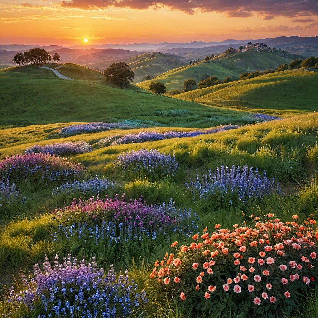 A stunning landscape where diverse expressions of beauty collide, featuring a vibrant sunset over rolling hills, with close-ups of flowers emanating charm and elegance. Ethereal figures representing various forms of attractiveness gracefully mingle among the flora, showcasing their captivating traits. The atmosphere is infused with a sense of wonder and allure, accentuating the idea of endless charm. super-realistic. vibrant colors. dreamy lighting.