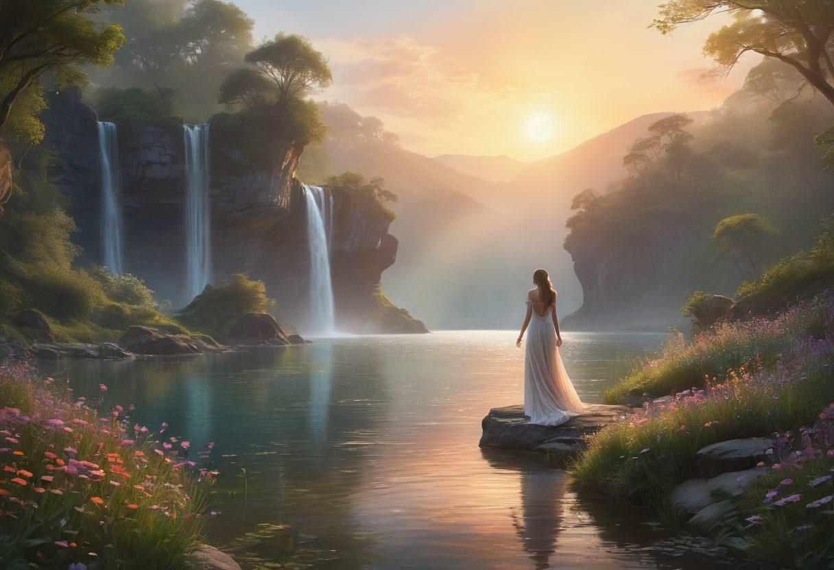 A tranquil landscape showcasing a boundless, ethereal vista filled with cascading waterfalls and shimmering lakes, surrounded by lush greenery and delicate wildflowers. In the foreground, a figure in a flowing gown dances with grace, symbolizing elegance and charm. The sky is painted with hues of pastel colors as the sun sets, creating an infinite horizon that invites exploration. mystical atmosphere, super-realistic, vibrant colors, soft focus.